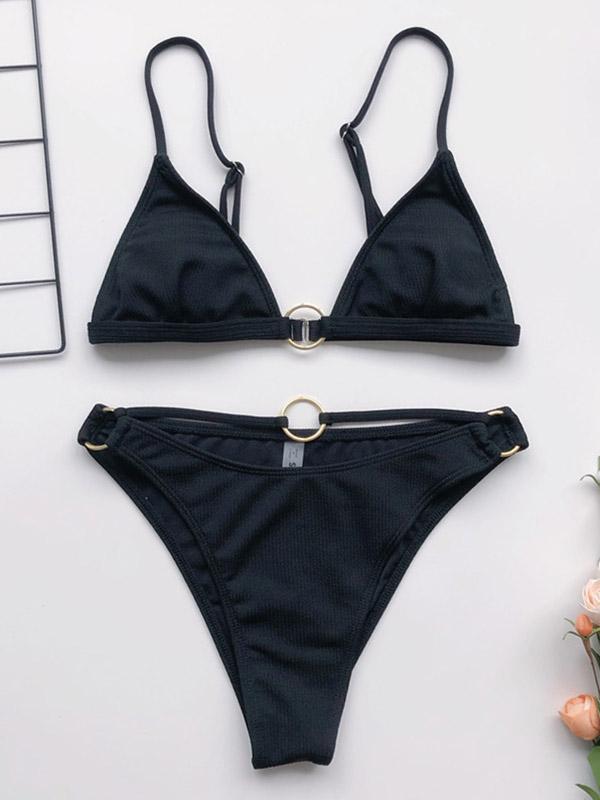 Solid Color Bandage Triangles Split Bikini Swimsuit