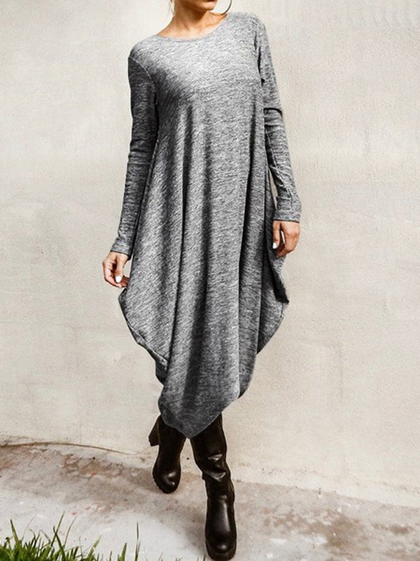 Simple Solid Color Round-Neck Long Sleeves Midi Dress