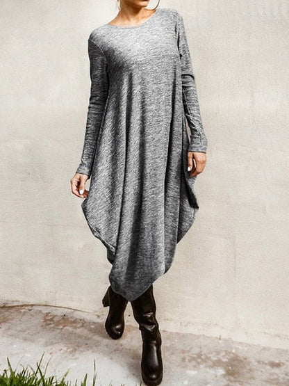 Simple Solid Color Round-Neck Long Sleeves Midi Dress