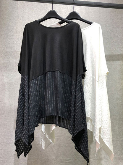 Stylish Cropped Split-Joint Striped Batwing Sleeves Split-Side T-Shirt