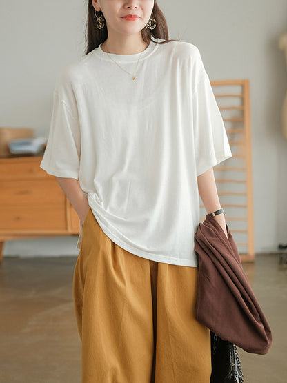 Casual Simple Solid Color Loose Round-Neck Half Sleeves T-Shirt