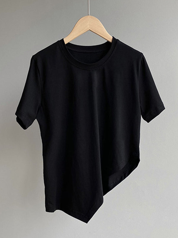 Casual Solid Color Asymmetric Round-Neck Short Sleeves T-Shirt