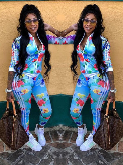 Contrast Trim Printed Jacket And Leggings Suits