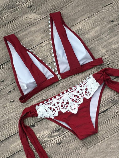 Plain Lace Tie Side Bikini Swimsuit