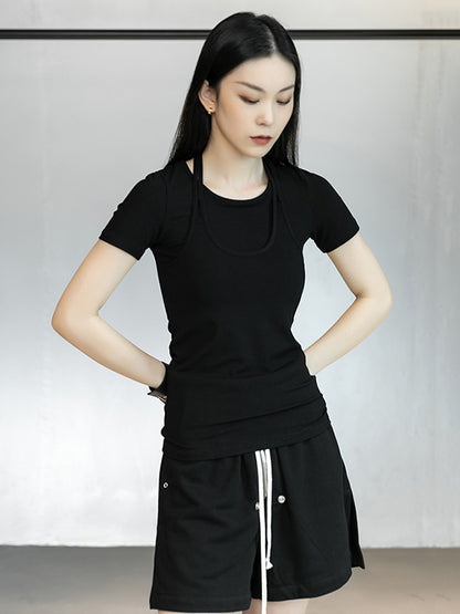 Stylish Halterneck Solid Color False Two Short Sleeves T-Shirt