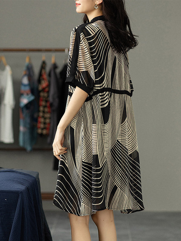 Original Irregular Striped Buttoned Tied V-Neck Half Sleeves Mini Dress