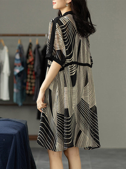 Original Irregular Striped Buttoned Tied V-Neck Half Sleeves Mini Dress