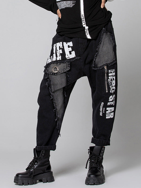 Original Split-Joint Letter Print Harem Pants Jean Pants