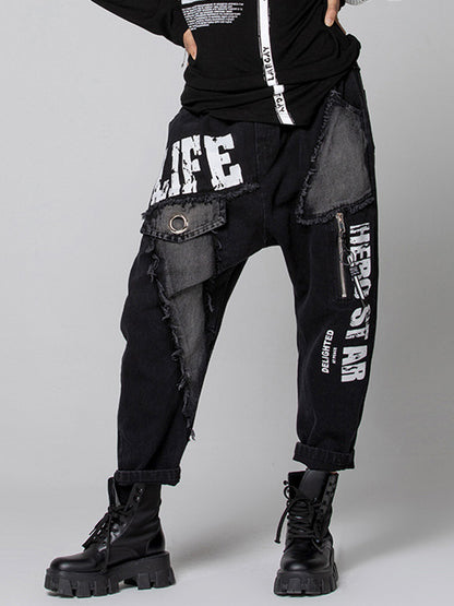 Original Split-Joint Letter Print Harem Pants Jean Pants