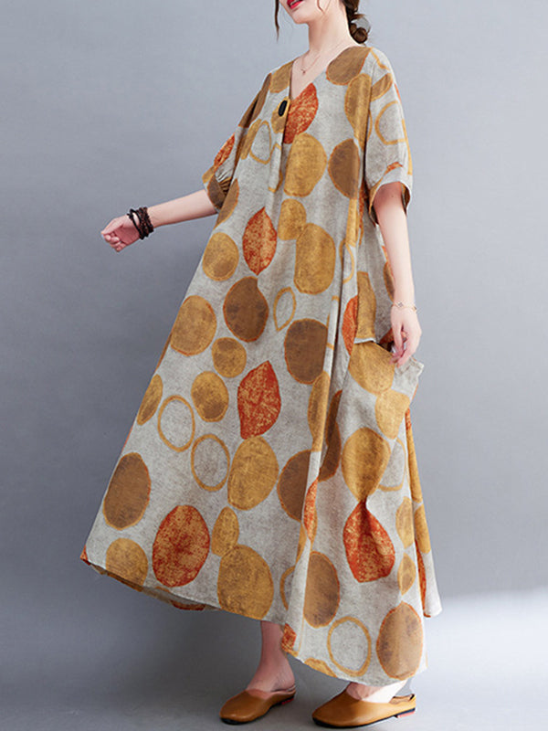 Original Artistic Retro Polka-Dot Ramie Cotton Midi Dress