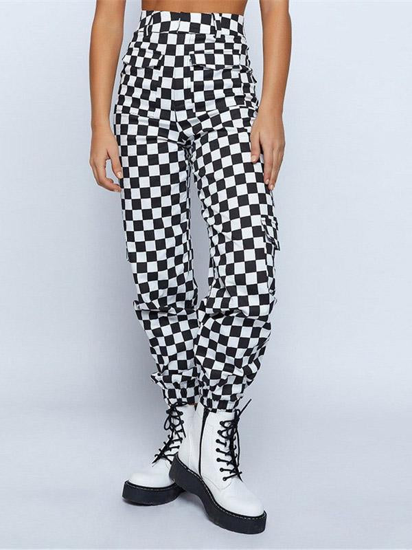 Contrast Color Black&White Plaid Loose Pants Bottoms