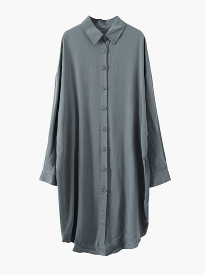 Simple Solid Color Buttoned Lapel Long Sleeves Shirt Dress