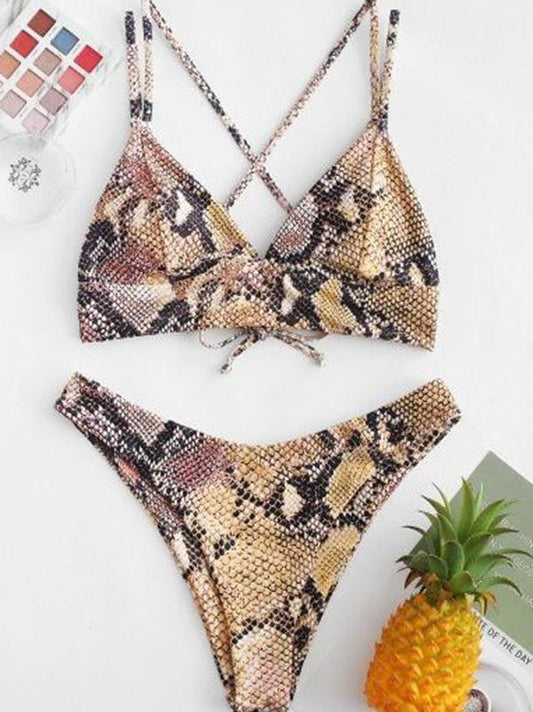 Snake-Print Bandage Split Bikini Swimsuit