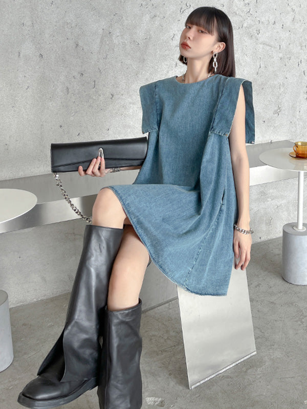 Stylish Denim Split-Joint Sleeveless Vest H-Line Mini Dress