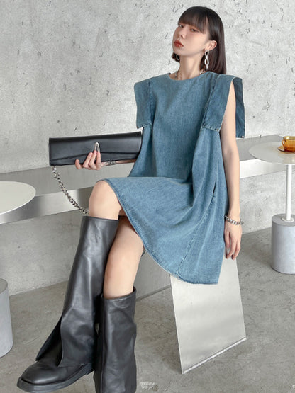 Stylish Denim Split-Joint Sleeveless Vest H-Line Mini Dress