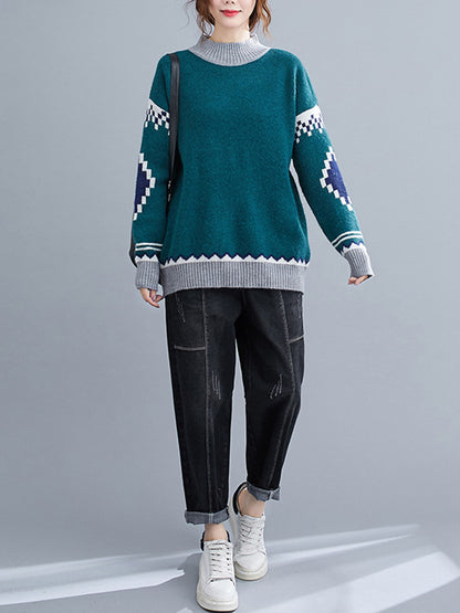 Artistic Retro Loose Color Matching High-Neck Long Sleeves Knitted Sweater Tops