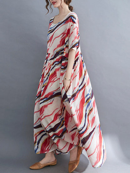 Vintage Loose Printed Split-Joint Pleated Half Sleeves Maxi Dress