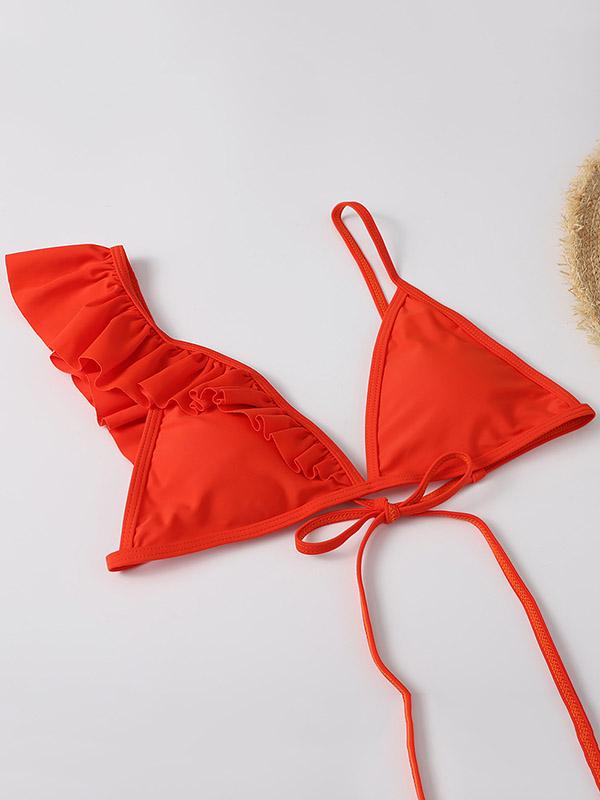 Asymmetric One-Shoulder Solid Color Split Bikini Swimsuit