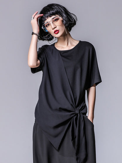 Asymmetrical Loose Round-Neck Modal And Chiffon T-Shirts Tops