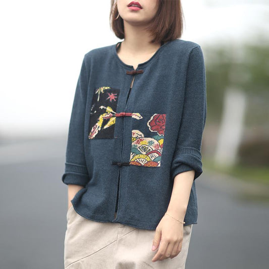 Buykud Printed Patchwork Single Breasted Knitted Coat