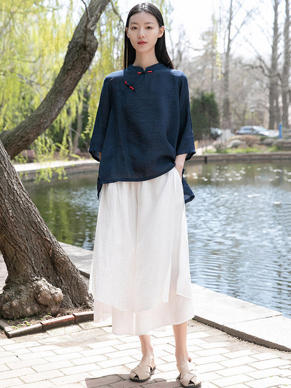 Vintage Tencel Buttoned Stand Collar High-Low Half Sleeves T-Shirt