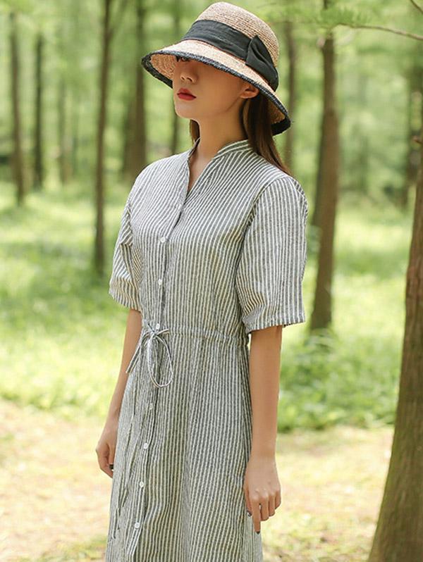 Artistic Retro Striped Shirt Dress