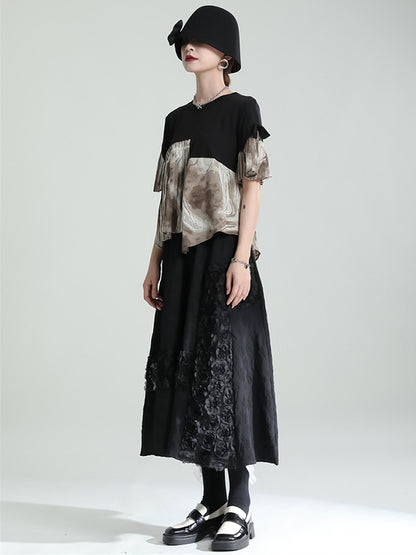 Urban High Waisted Hollow Black Floral A-Line Skirt