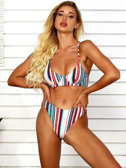 Striped-Print Underwired Split Bikini Swimsuit