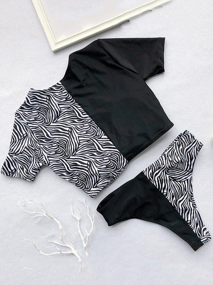 Contrast Snakeskin Printing Semi Tankini Swimsuit