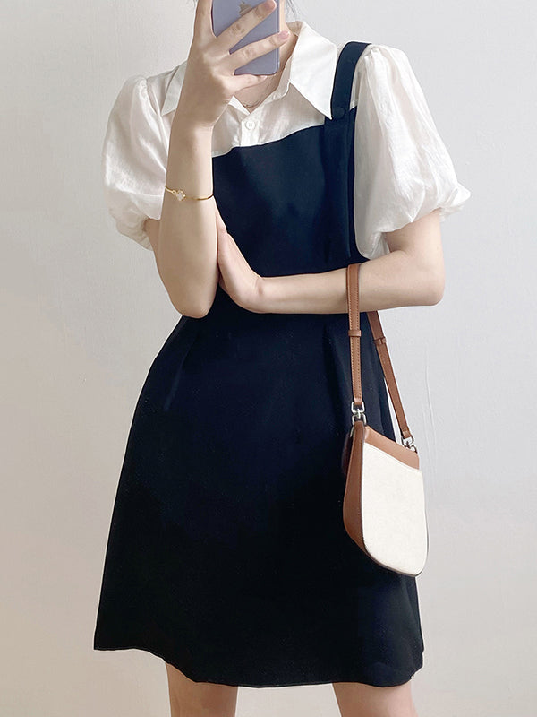 Urban Puff Sleeves Contrast Color False Two Mini Dress