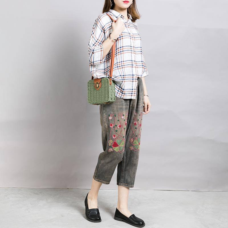 Embroidered Plant Worn Drawstring Nostalgic Jeans