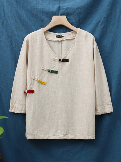 Original Casual Loose Linen Irregular Buttoned V-Neck Long Sleeves T-Shirt Tops&Wide Legs Casual Pants 2 Pieces Set