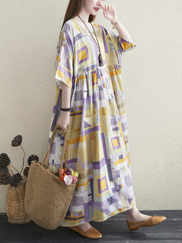 Artistic Retro Ramie Cotton Color-Block Pleated Round-Neck Half Sleeves Midi Dress