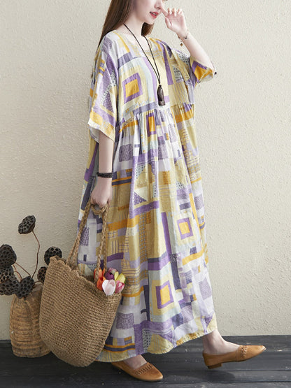 Artistic Retro Ramie Cotton Color-Block Pleated Round-Neck Half Sleeves Midi Dress
