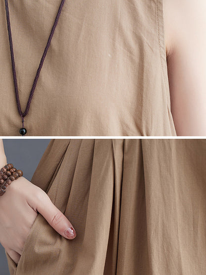 Simple Casual Loose Solid Color Pleated Midi Dress