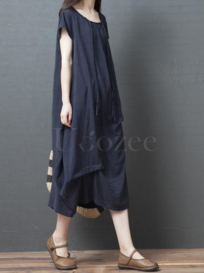 Casual Solid Ruffled Round-neck Midi Dress