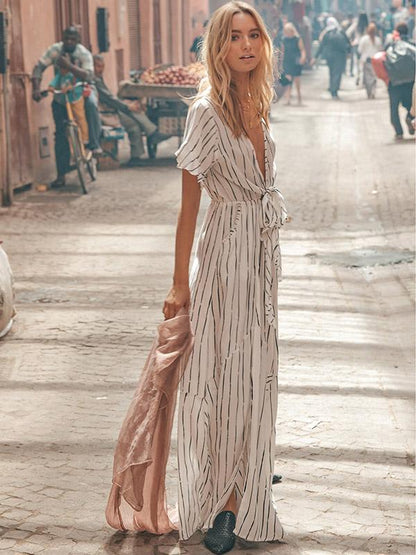 Striped Bow- Deep V-neck Maxi Dress