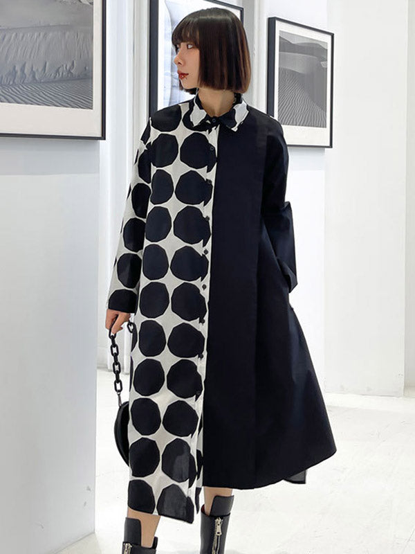 Stylish Irregular Polka-Dot Spit-Joint Buttoned Lapel Collar Long Sleeves Midi Shirt Dress