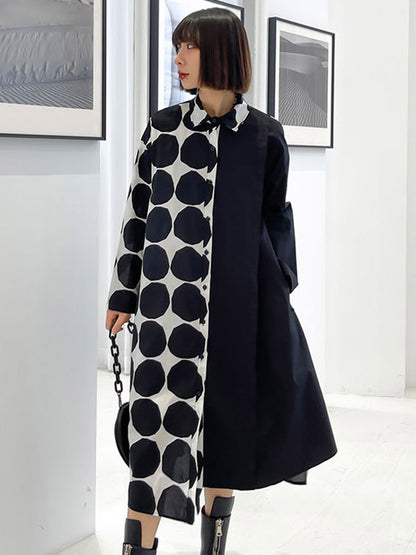 Stylish Irregular Polka-Dot Spit-Joint Buttoned Lapel Collar Long Sleeves Midi Shirt Dress