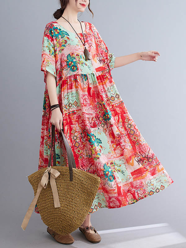 Vintage Floral Printed Round-Neck Short Sleeves Midi Dress