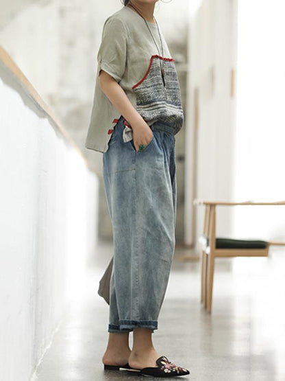 Retro Linen Pocket Split-side T-shirt