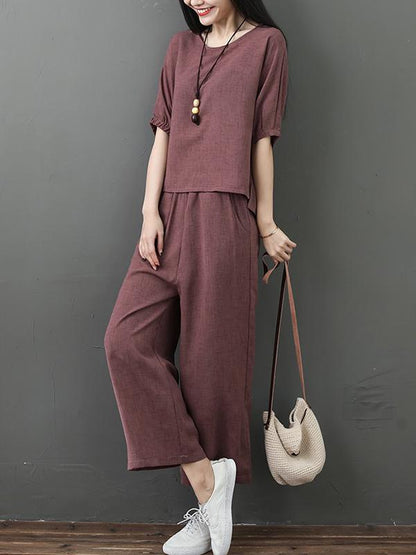Solid  Short Sleeves Blouse + Wide Leg Pants Suit