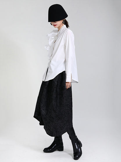 Stylish Falbala Split-Joint Solid Color Buttoned Stand Collar Long Sleeves Blouse