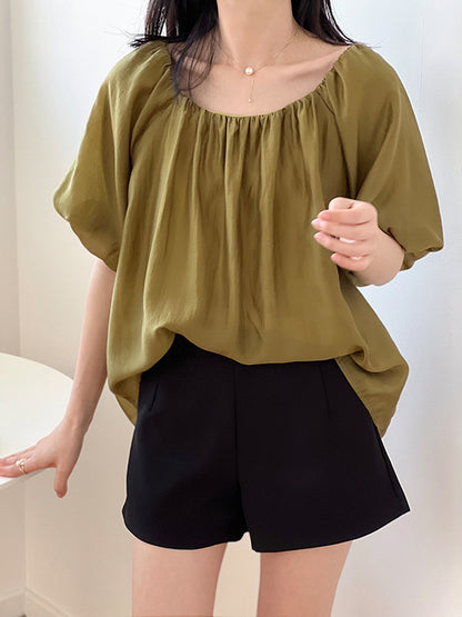 Urban Loose Solid Color Puff Sleeves Off-The-Shoulder T-Shirt