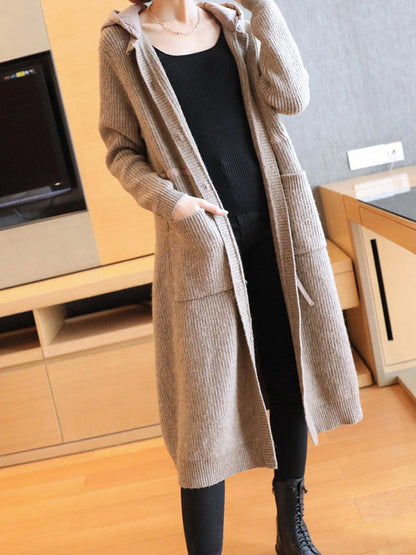 Casual Loose Solid Color Split-Joint With Pocket Buttoned Drawstring Hooded Long Sleeves Knitted Cardigan Outwear
