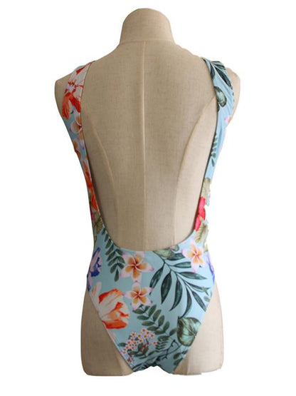 Printed Crop Backless One Piece Swimsuit