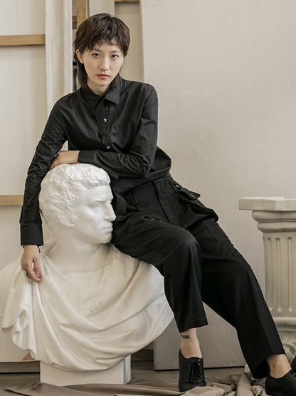 Urban Asymmetric Solid Color Buttoned Lapel Long Sleeves Blouse Tops