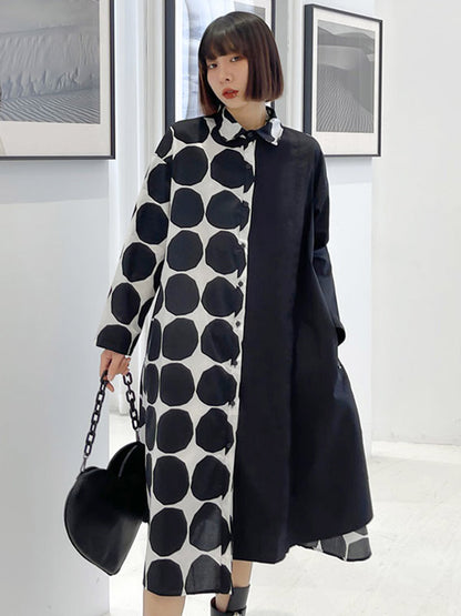 Stylish Irregular Polka-Dot Spit-Joint Buttoned Lapel Collar Long Sleeves Midi Shirt Dress