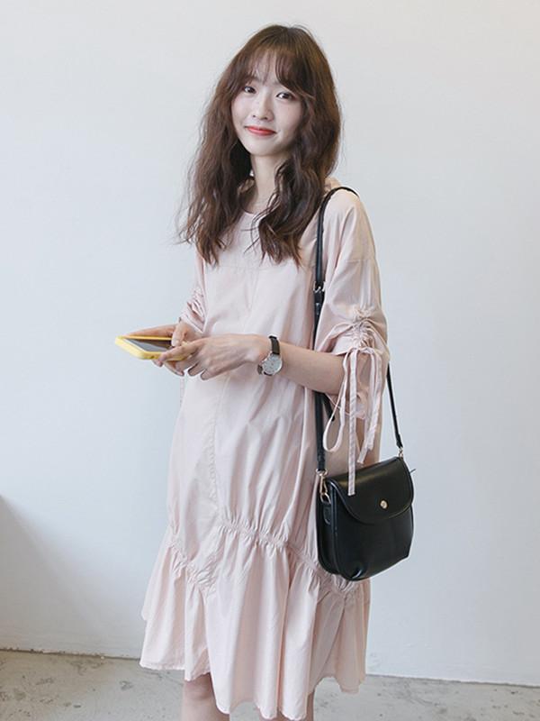 Maternity Solid Half Sleeves Round-neck Midi Dress