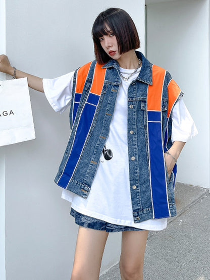 Stylish Split-Joint Striped Lapel Collar Sleeveless Denim Vest Outwear